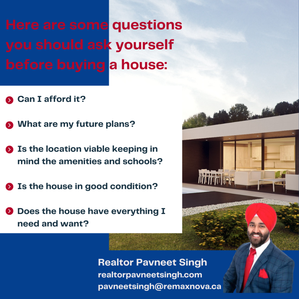 A picture of a beautiful house on the left side, pavneet singh on the left corner and tips on things to to know before buying the first house on the middle of the picture. 